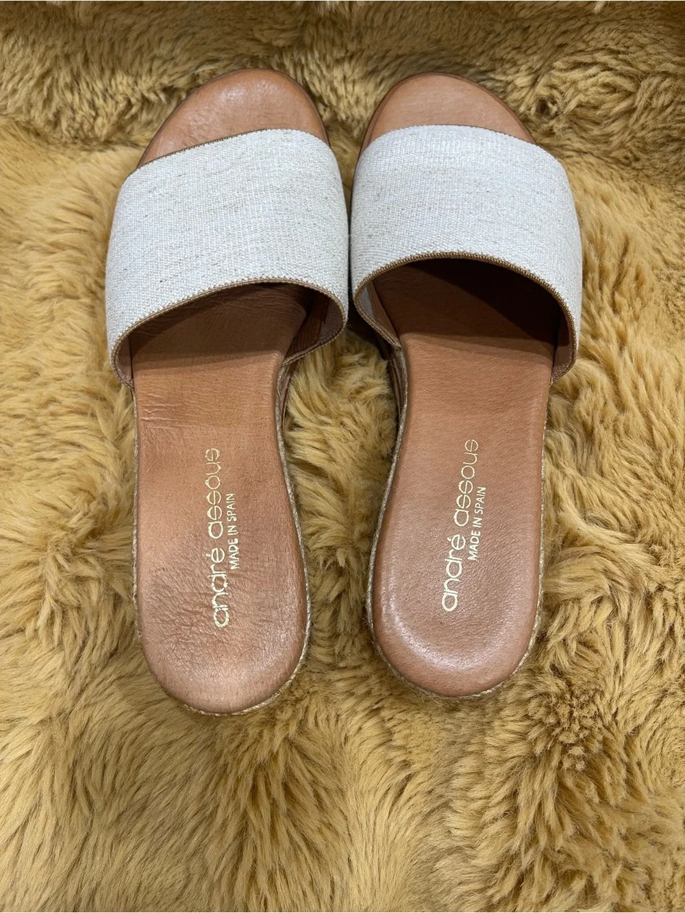 Andre Assous Beige Fabric Slide Wedges